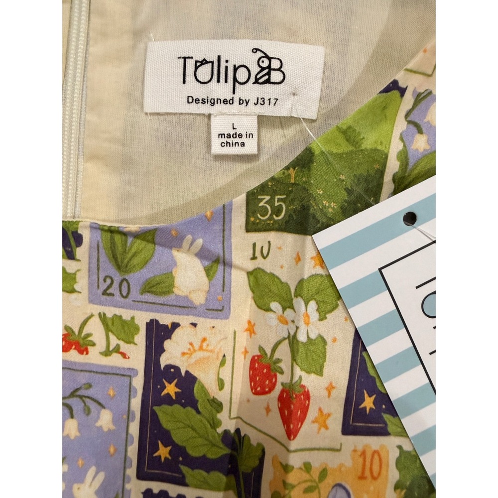 TulipB NWT Stamp Print Cotton Fit & Flare Dress Belted Size L Retro - Picture 3 of 10